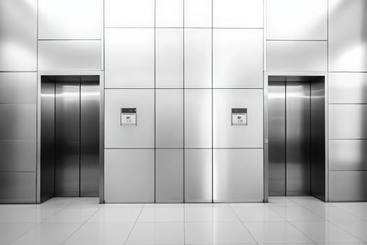 Two pairs of elevator doors are centered in a modern building. The minimalist design features a sleek metallic finish and a tiled floor, creating a clean and contemporary atmosphere.