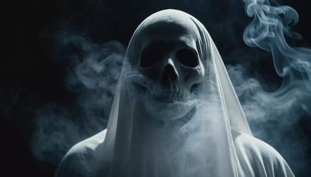 Ghostly figure looms in the dark. Swirling mist. Eerie atmosphere. Ghost drapes a flowing, translucent gown that blends into the fog, creating an unsettling visual. Feeling of fear and mystery. AI.