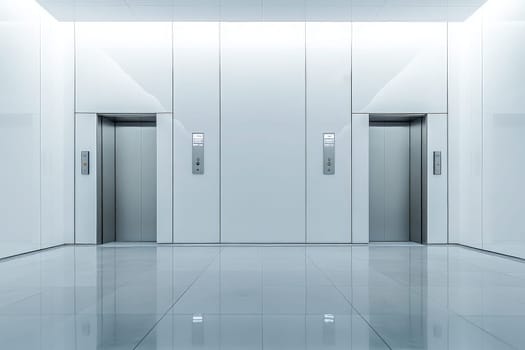 Elevator doors stand side by side in a sleek lobby featuring a minimalist aesthetic, complemented by shiny, reflective floor tiles and bright lighting that enhances the modern atmosphere.
