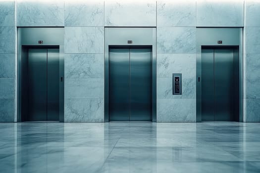 The sleek, minimalist design of elevator doors is showcased in a modern lobby featuring smooth marble walls and flooring, offering an inviting and sophisticated atmosphere.