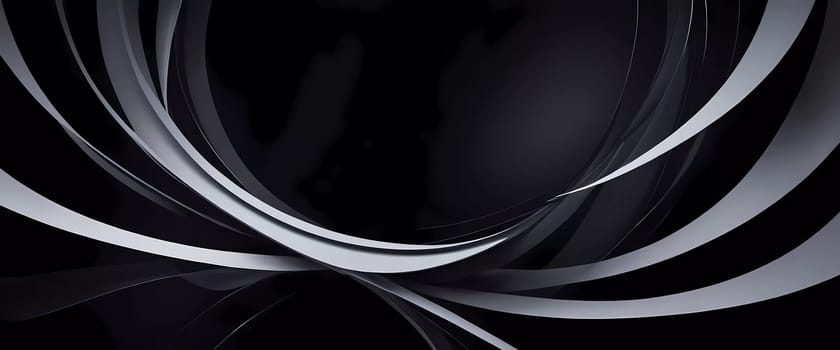 Graceful, swirling curves emerging from a dark backdrop, emphasizing fluidity and a dynamic sense of movement, inviting contemplation. Black background with smooth lines and shadows. Generative AI.