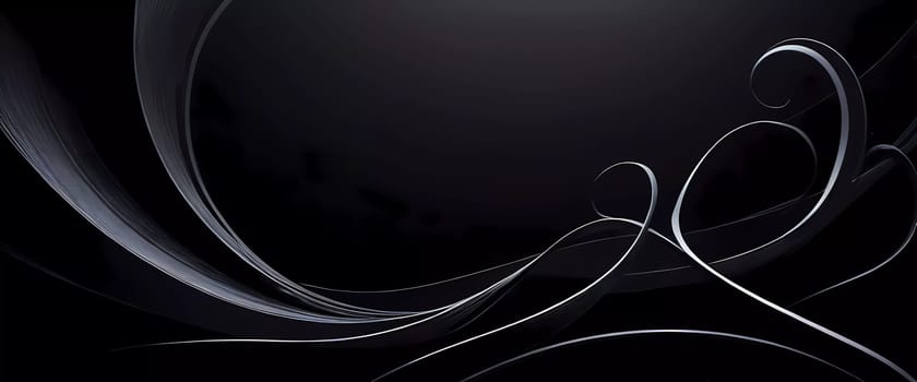 Graceful, swirling curves emerging from a dark backdrop, emphasizing fluidity and a dynamic sense of movement, inviting contemplation. Black background with smooth lines and shadows. Generative AI.