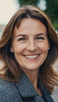 A cheerful woman 50 years old stands in a quaint French street, her smile bright against the warm backdrop of a sunny afternoon. The scenery embodies a serene and joyful atmosphere. Generative AI.