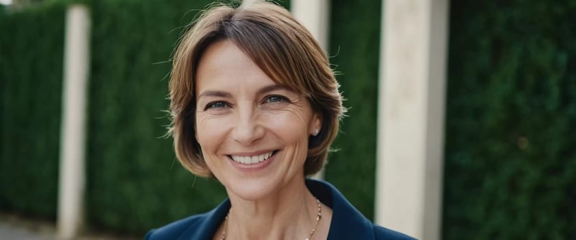 A cheerful woman 50 years old stands in a quaint French street, her smile bright against the warm backdrop of a sunny afternoon. The scenery embodies a serene and joyful atmosphere. Generative AI.