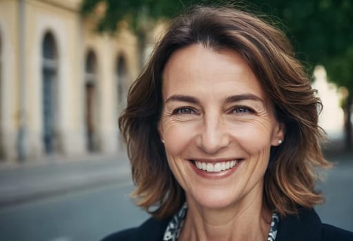 A cheerful woman 50 years old stands in a quaint French street, her smile bright against the warm backdrop of a sunny afternoon. The scenery embodies a serene and joyful atmosphere. Generative AI.