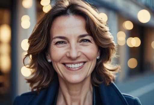 A cheerful woman 50 years old stands in a quaint French street, her smile bright against the warm backdrop of a sunny afternoon. The scenery embodies a serene and joyful atmosphere. Generative AI.