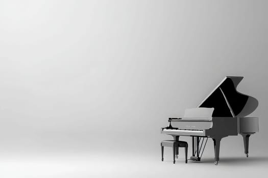 A beautifully designed grand piano stands gracefully against a clean, solid backdrop, creating an atmosphere of elegance and tranquility. The piano invites viewers to imagine musical sessions.