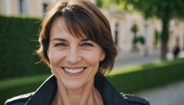 A cheerful woman 50 years old stands in a quaint French street, her smile bright against the warm backdrop of a sunny afternoon. The scenery embodies a serene and joyful atmosphere. Generative AI.