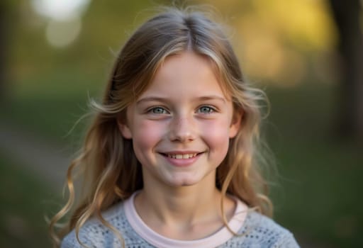 A young Caucasian girl with curly blond hair smiles brightly while enjoying a sunny summer day outdoors. The greenery around her highlights her cheerful spirit and innocence. Generative AI.