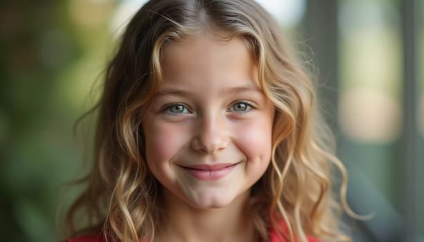 A young Caucasian girl with curly blond hair smiles brightly while enjoying a sunny summer day outdoors. The greenery around her highlights her cheerful spirit and innocence. Generative AI.