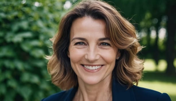 A cheerful woman 50 years old stands in a quaint French street, her smile bright against the warm backdrop of a sunny afternoon. The scenery embodies a serene and joyful atmosphere. Generative AI.