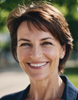 A cheerful woman 50 years old stands in a quaint French street, her smile bright against the warm backdrop of a sunny afternoon. The scenery embodies a serene and joyful atmosphere. Generative AI.