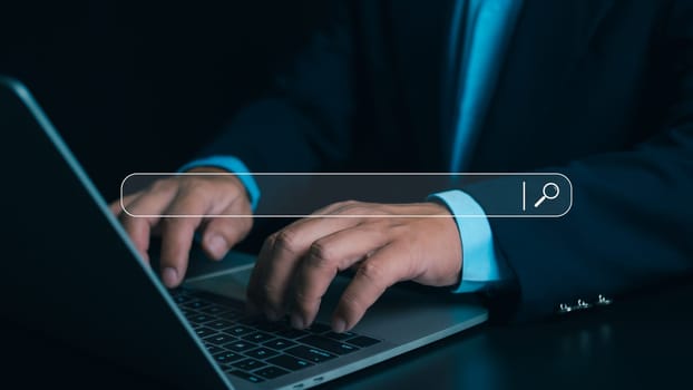 Businessman searching browsing Internet data information networking concept, Technology Search engine optimization, SEO with social media content and advertisement from website.
