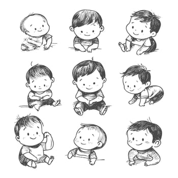 Nine Hand-Drawn Sketches of Smiling Babies in Various Poses