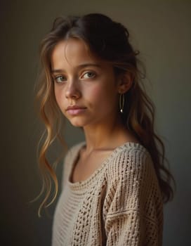A young cute Caucasian girl residing in France is captured in a moment of reflection, her wavy hair falling gracefully around her shoulders while she exudes calm confidence. Generative AI.