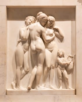 Milan, Italy - 23 September 2023: Brera antique painting museum. The Three Graces by sculptor Thorvaldsen.