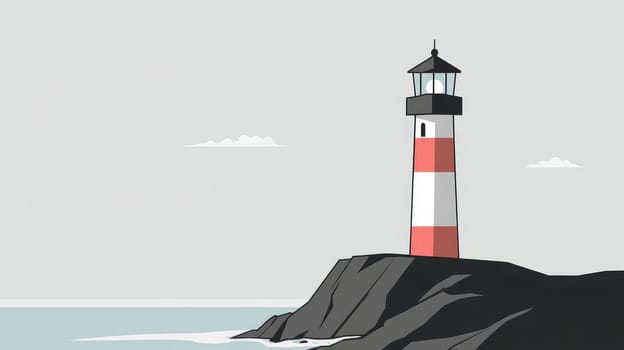 illustration of a striped lighthouse on a rocky cliff overlooking a calm sea, with stylized clouds in the background, portraying maritime safety.
