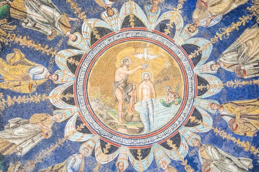 RAVENNA, ITALY - JUNE 12, 2024: the mosaic in the Neonian Baptistery, standing next to the Ravenna Cathedral