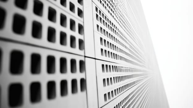 Abstract close-up of a perforated surface with geometric square patterns, creating a striking monochromatic design with depth and perspective.