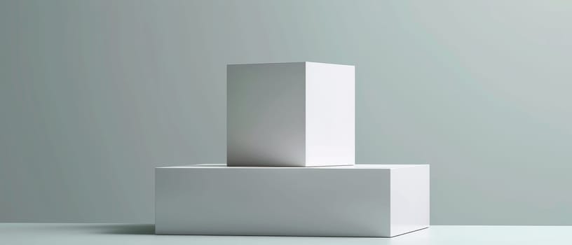 An abstract composition of white cuboids on a pale background, projecting shadows and depth in a modern art installation style