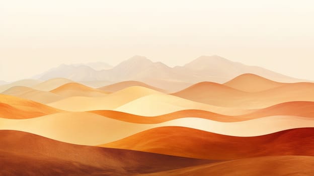 Minimalist illustration of a desert landscape with rolling sand dunes in warm orange and yellow tones, with distant mountains silhouetted against a pale sky.