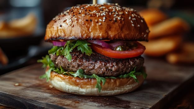 Juicy beef burger with sesame seed bun, fresh vegetables, and herbs, showcasing layers of flavor in a mouthwatering close-up on a wooden board.