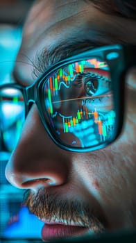 A detailed view of financial graphs and data on smart glasses lenses, depicting the intersection of technology and finance
