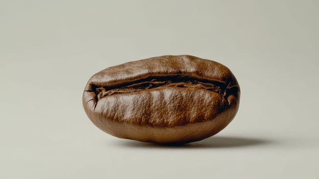 Macro shot of a single roasted coffee bean on a neutral background, showcasing its rich brown color and distinctive central groove.