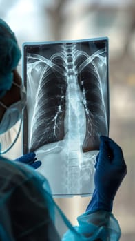 Healthcare professional in blue scrubs attentively examines a spinal X-ray, highlighting medical analysis and diagnosis