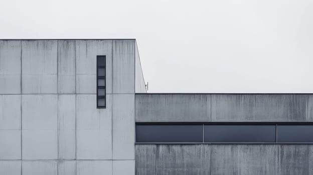 Abstract view of a modern concrete building exterior with clean lines, geometric shapes, and a single narrow window, showcasing brutalist architecture.