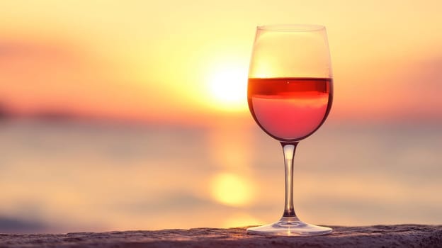 Elegant wine glass filled with rose wine, silhouetted against a golden beach sunset, creating a romantic and relaxing atmosphere.