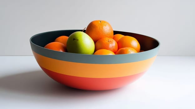 Vibrant striped bowl filled with fresh oranges and a single green apple, set against a white background, showcasing healthy eating and kitchen decor.