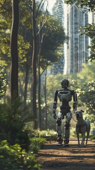 A robot takes a dog for a morning walk in a scenic park, highlighting the blend of technology and everyday life