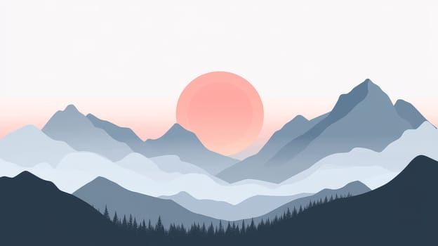 Serene abstract illustration of mountain ranges in shades of blue with a large pink sun, depicting a tranquil sunset scene with pine trees in the foreground.