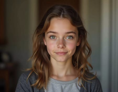 A young cute Caucasian girl residing in France is captured in a moment of reflection, her wavy hair falling gracefully around her shoulders while she exudes calm confidence. Generative AI.