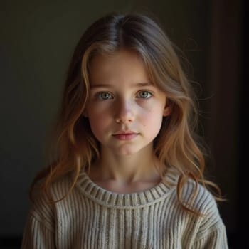 A young cute Caucasian girl residing in France is captured in a moment of reflection, her wavy hair falling gracefully around her shoulders while she exudes calm confidence. Generative AI.