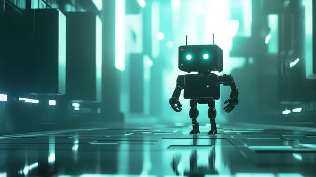 Small humanoid robot with glowing eyes standing in a high-tech, neon-illuminated corridor, evoking a cyberpunk atmosphere.