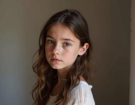 A young cute Caucasian girl residing in France is captured in a moment of reflection, her wavy hair falling gracefully around her shoulders while she exudes calm confidence. Generative AI.