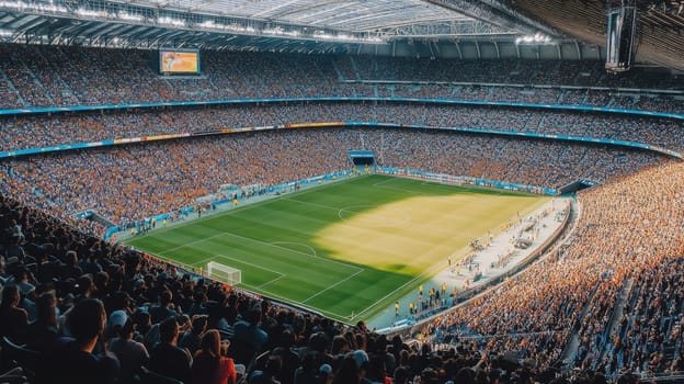 Aerial view of a crowded soccer stadium with vibrant fans filling the stands, showcasing the excitement and scale of a major sporting event.