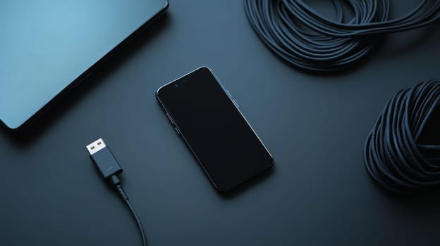 Modern smartphone with blank screen alongside USB cable and coiled wires on a sleek dark surface, representing technology and connectivity.
