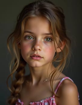 A young cute Caucasian girl residing in France is captured in a moment of reflection, her wavy hair falling gracefully around her shoulders while she exudes calm confidence. Generative AI.