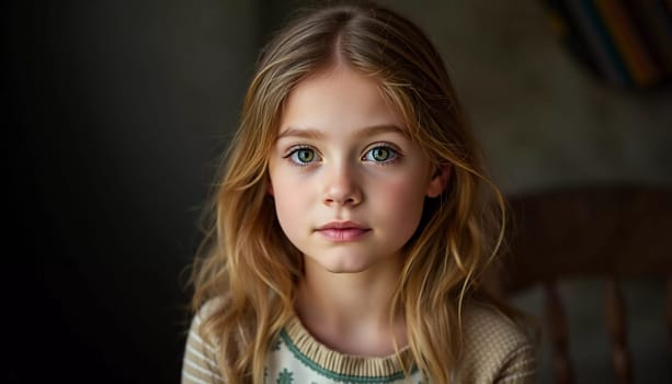 A young cute Caucasian girl residing in France is captured in a moment of reflection, her wavy hair falling gracefully around her shoulders while she exudes calm confidence. Generative AI.