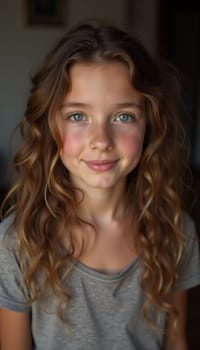 A young cute Caucasian girl residing in France is captured in a moment of reflection, her wavy hair falling gracefully around her shoulders while she exudes calm confidence. Generative AI.