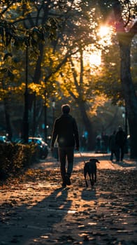 Silhouetted against a fiery sunset sky, a person enjoys a tranquil evening walk with their shaggy dog among autumn leaves in a serene park setting