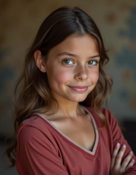 A young cute Caucasian girl residing in France is captured in a moment of reflection, her wavy hair falling gracefully around her shoulders while she exudes calm confidence. Generative AI.