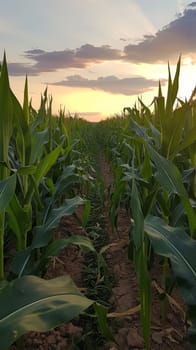 The sun sets over a vibrant cornfield, casting a golden glow and long shadows across the green leaves