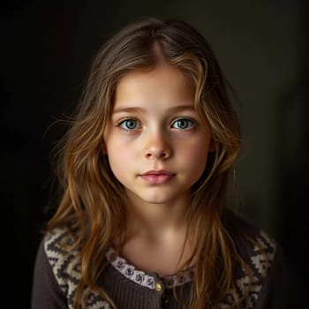 A young cute Caucasian girl residing in France is captured in a moment of reflection, her wavy hair falling gracefully around her shoulders while she exudes calm confidence. Generative AI.