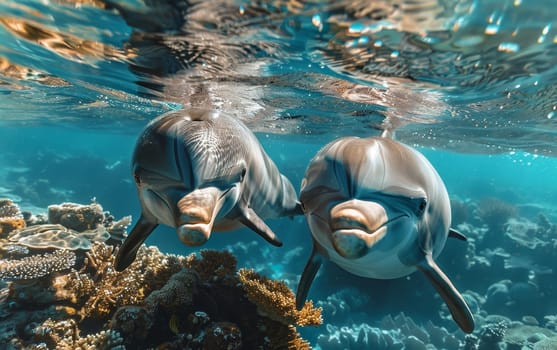 A pair of dolphins swims side by side in the tranquil depths, their forms illuminated by the dappled sunlight filtering through the water's surface