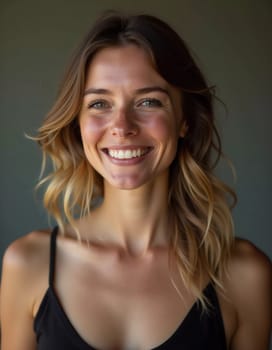A smiling Caucasian young beautiful woman from France, embodying warmth and joy. Her relaxed demeanor and carefree expression convey a sense of happiness and approachability. Generative AI.