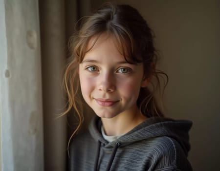 A young cute Caucasian girl residing in France is captured in a moment of reflection, her wavy hair falling gracefully around her shoulders while she exudes calm confidence. Generative AI.